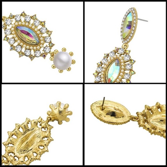 Luxurious Faux Pearl Zircon Large Statement Earrings 18k Gold Plated - Picture 5 of 8